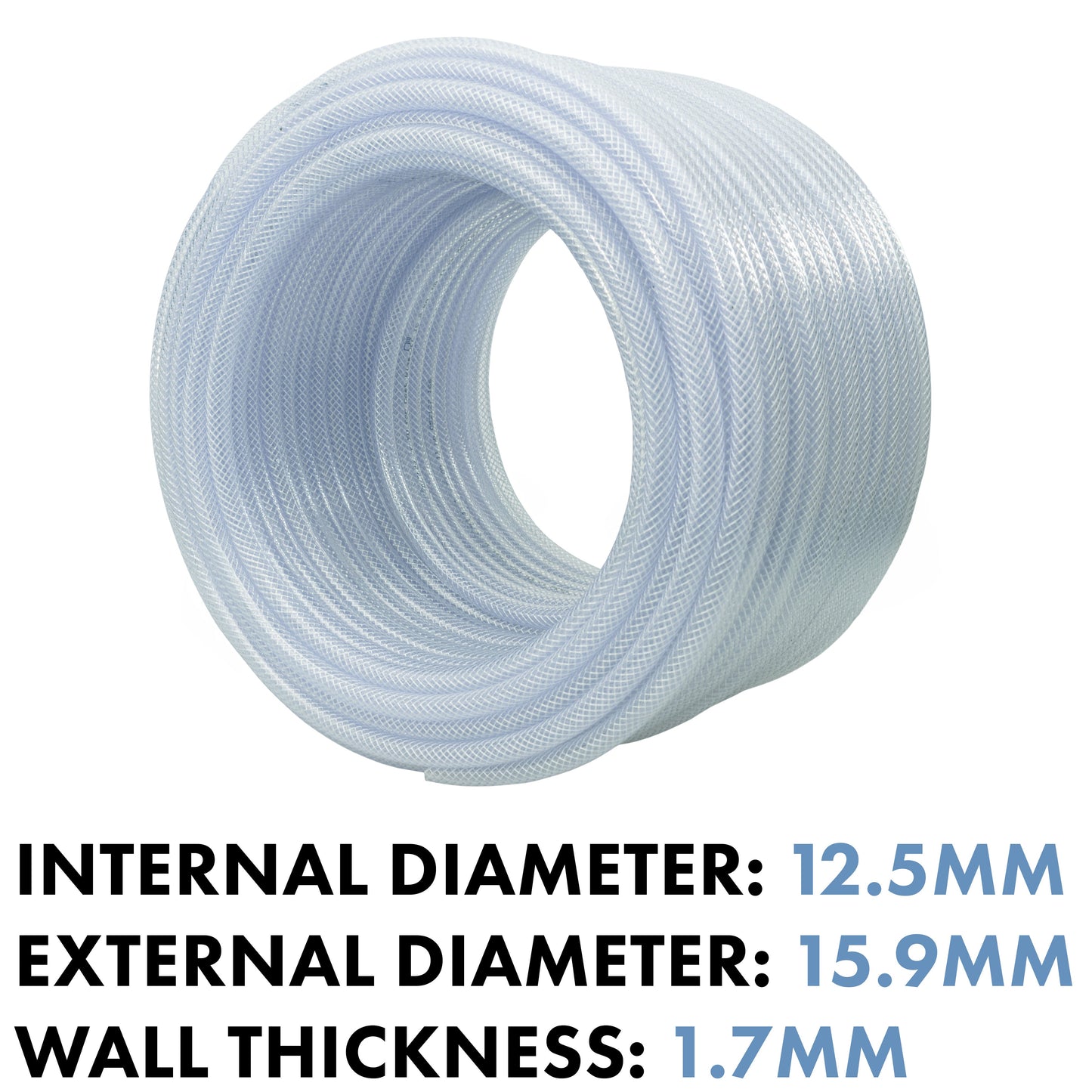 Clear braided PVC pipe coil, 12.5mm inner diameter view, transparent light blue
