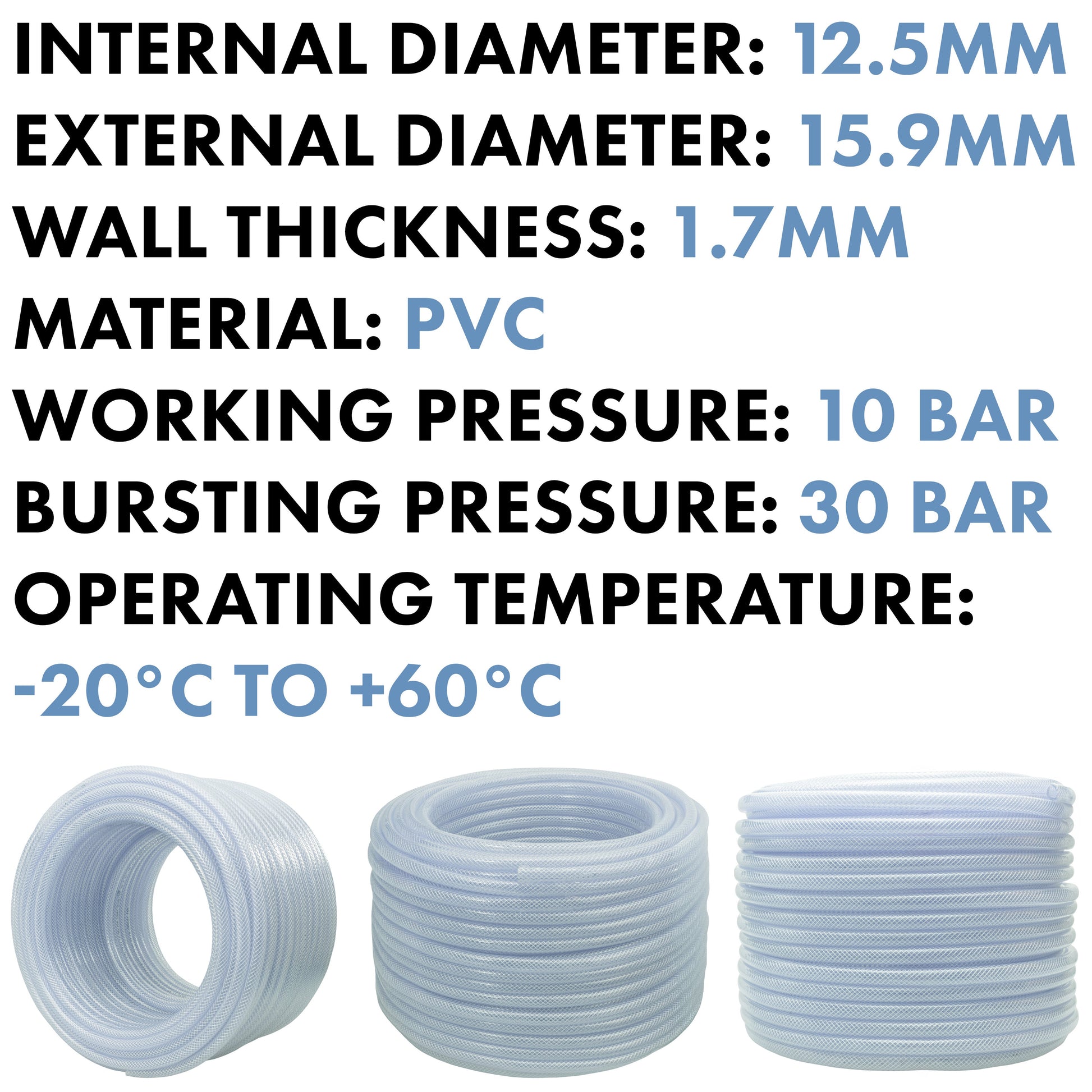 Clear braided PVC pipe with 12.5mm internal diameter, 1.7mm wall thickness, PVC