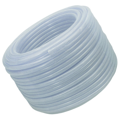 Clear braided PVC pipe coil, transparent light blue braided tubing, rounded loop