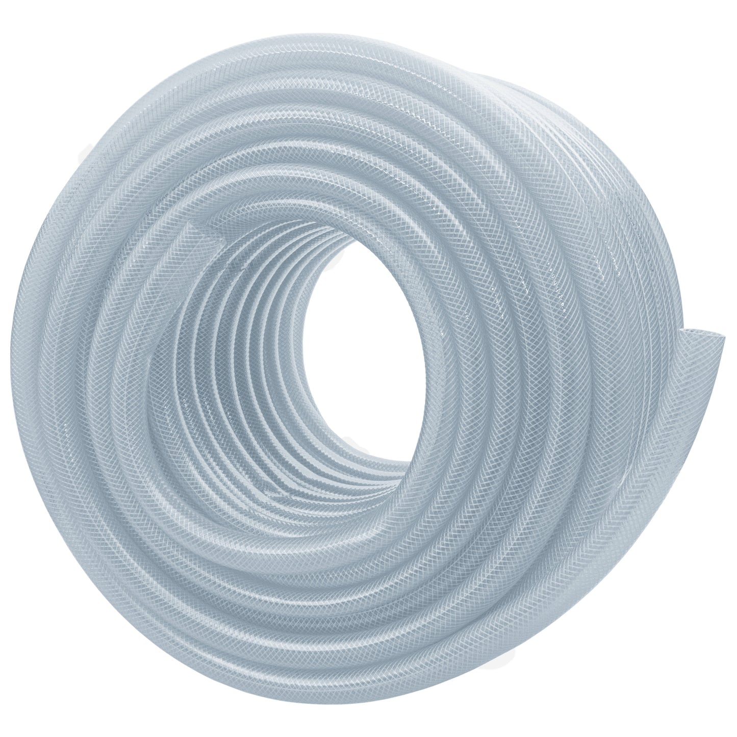 Clear braided PVC pipe coil with open center, 16mm diameter