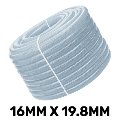 Clear braided PVC pipe coil, 16mm x 19.8mm diameter, 1.9mm wall thickness