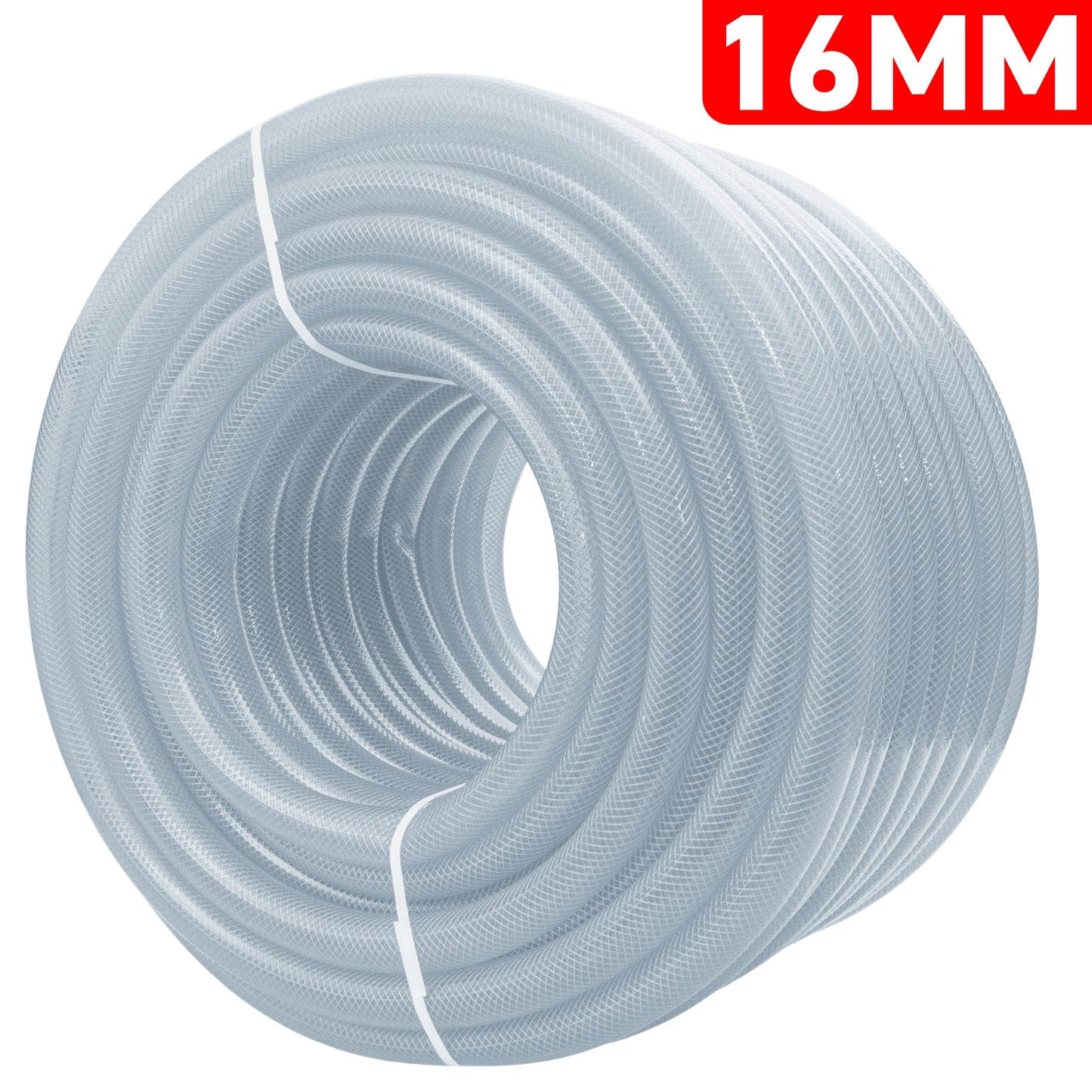Clear braided PVC pipe coil, 16mm diameter, 1.9mm wall thickness