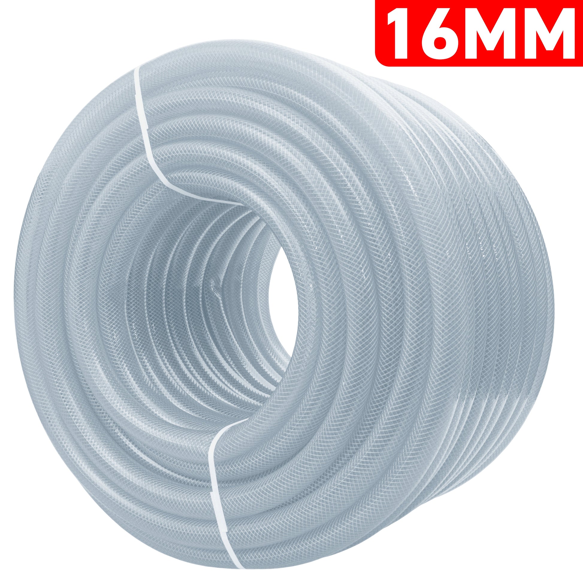 Clear braided PVC pipe coil, 16mm diameter, 1.9mm wall thickness
