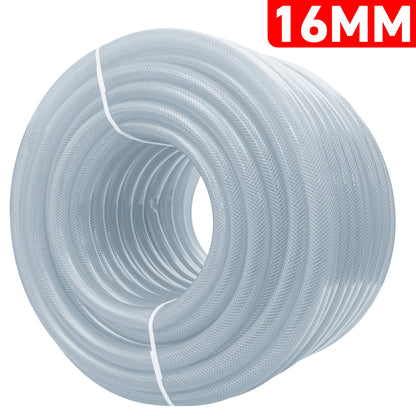 Clear braided PVC pipe coil, 16mm diameter, 1.9mm wall thickness