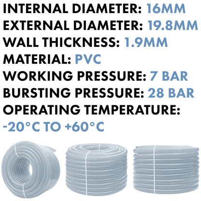 Clear PVC pipe specs: 16mm internal, 19.8mm external, 1.9mm wall thickness