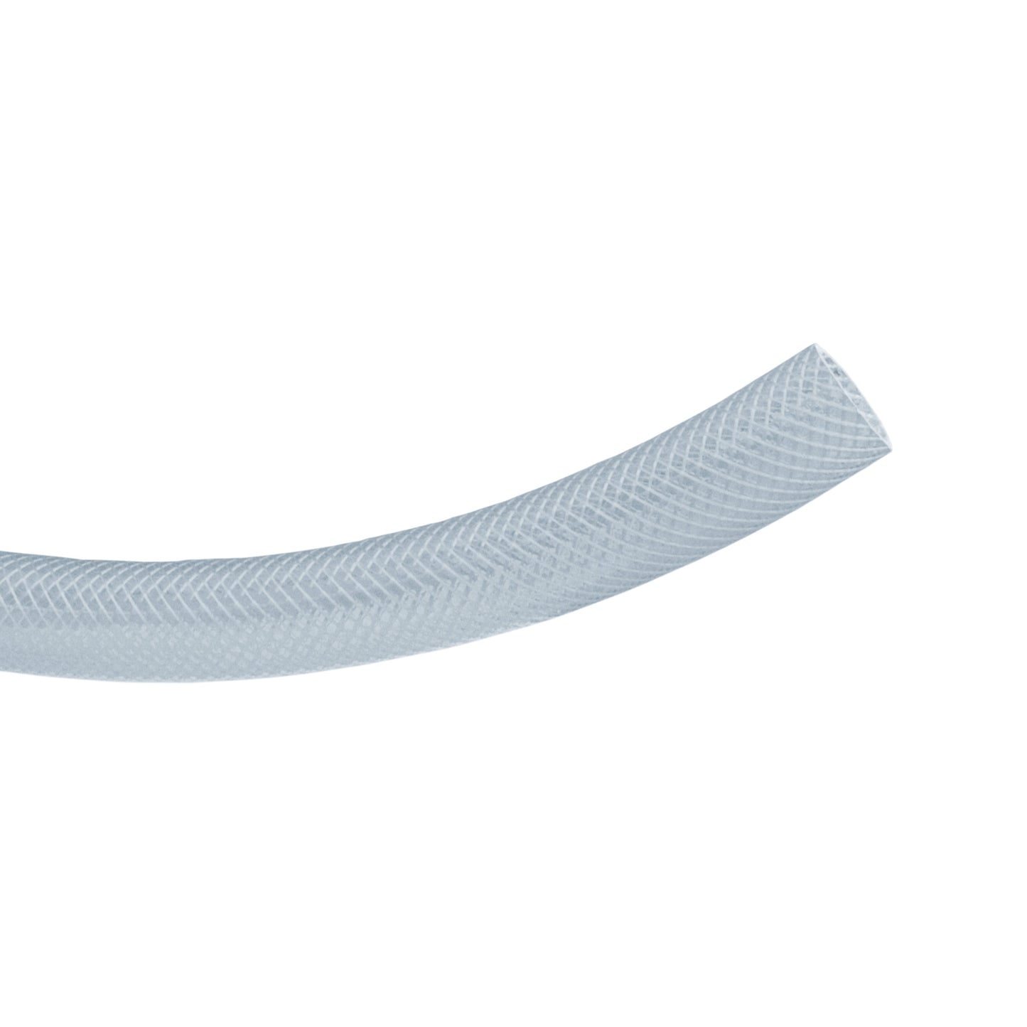 Clear braided PVC pipe length, flexible hose with visible braided texture