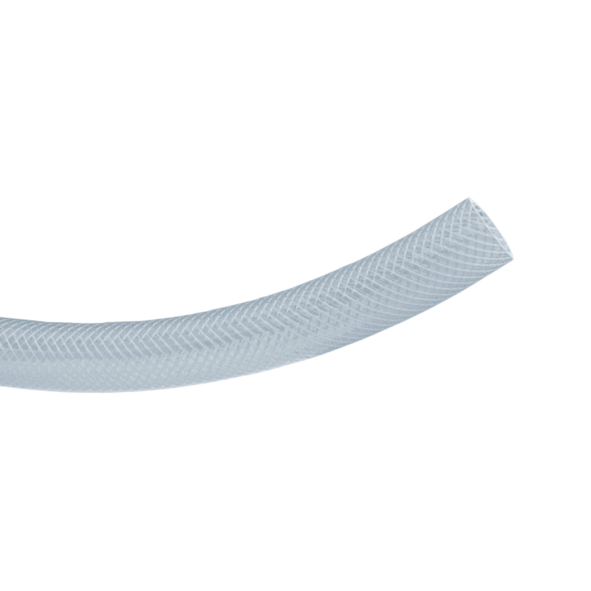 Clear braided PVC pipe length, flexible hose with visible braided texture