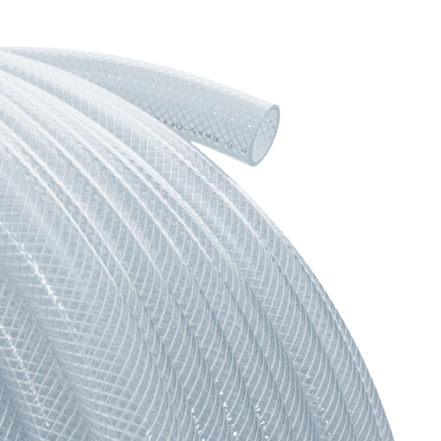 Clear braided PVC pipe, mesh texture close-up
