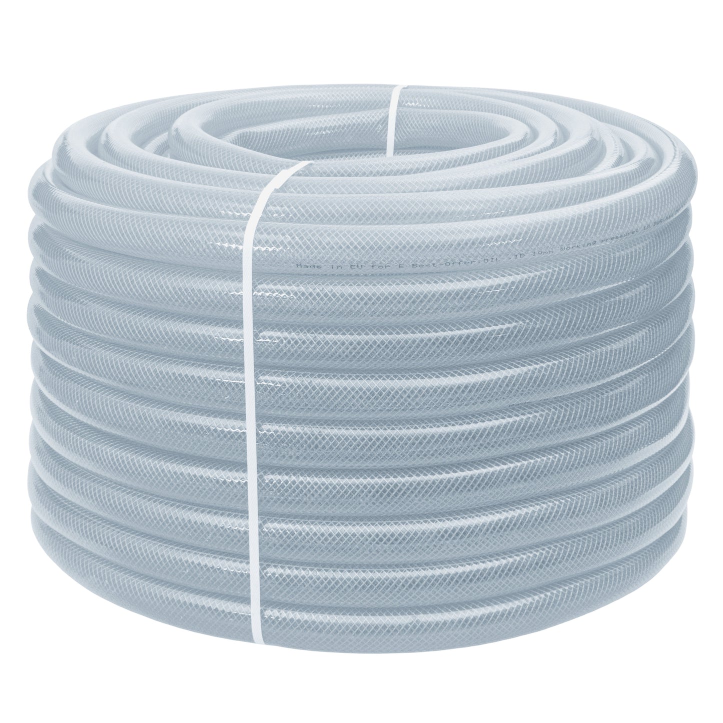 Coiled clear braided PVC pipe roll, tied bundle