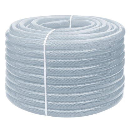 Coiled clear braided PVC pipe roll, tied bundle