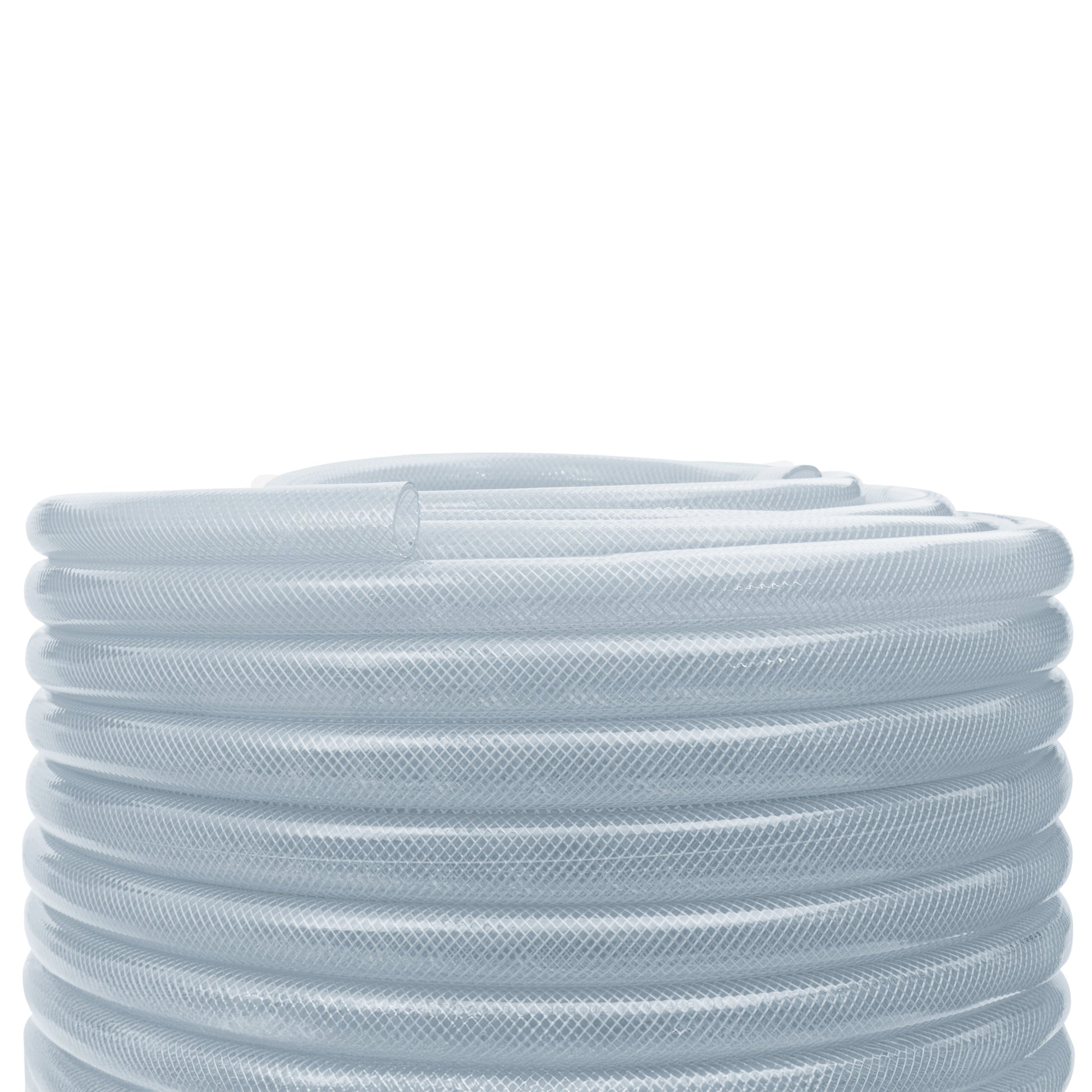 Clear braided PVC pipe coil, side view of braided tube