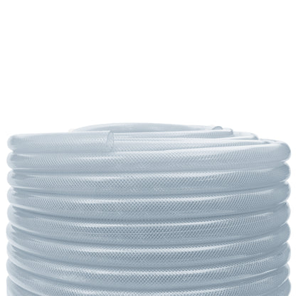 Clear braided PVC pipe coil, side view of braided tube