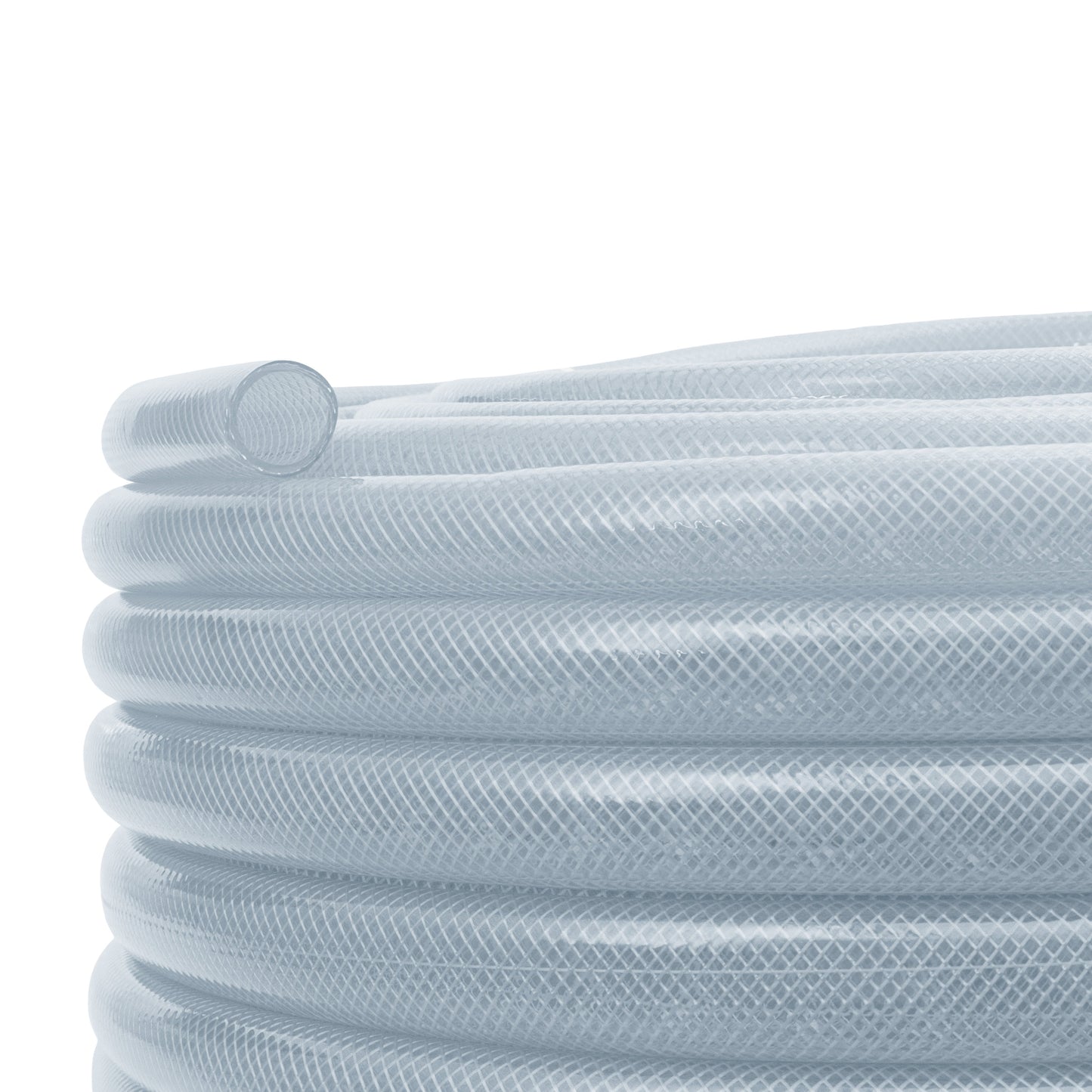 Clear braided PVC pipe end view, rounded tube opening