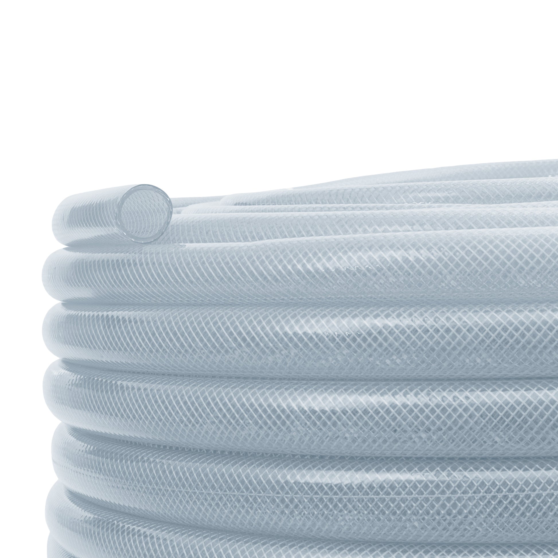 Clear braided PVC pipe end view, rounded tube opening
