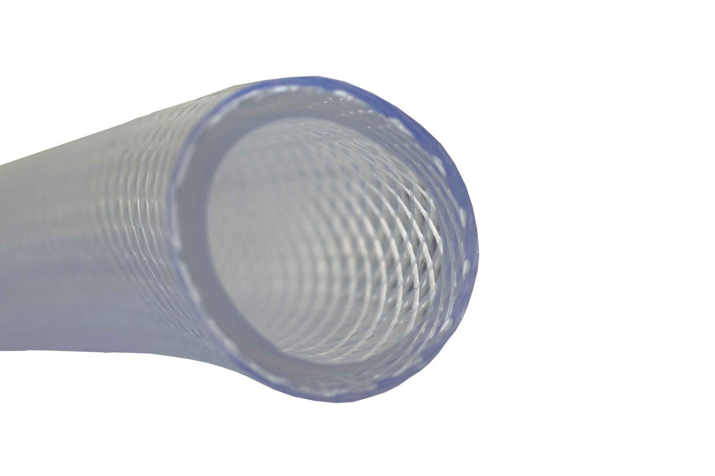 Clear braided PVC pipe end view, transparent light blue coiled tubing section