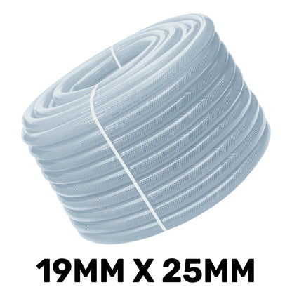 Clear braided PVC pipe coil, 19mm x 3mm, neatly stacked coils with tie strap