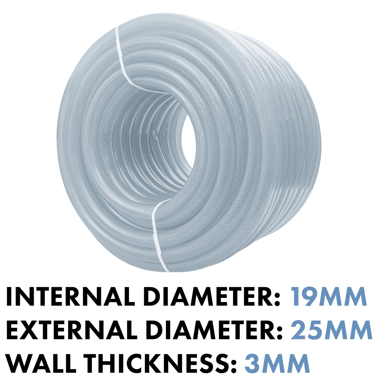 Clear braided PVC pipe coil showing 19mm internal Ø, 25mm external Ø, 3mm wall