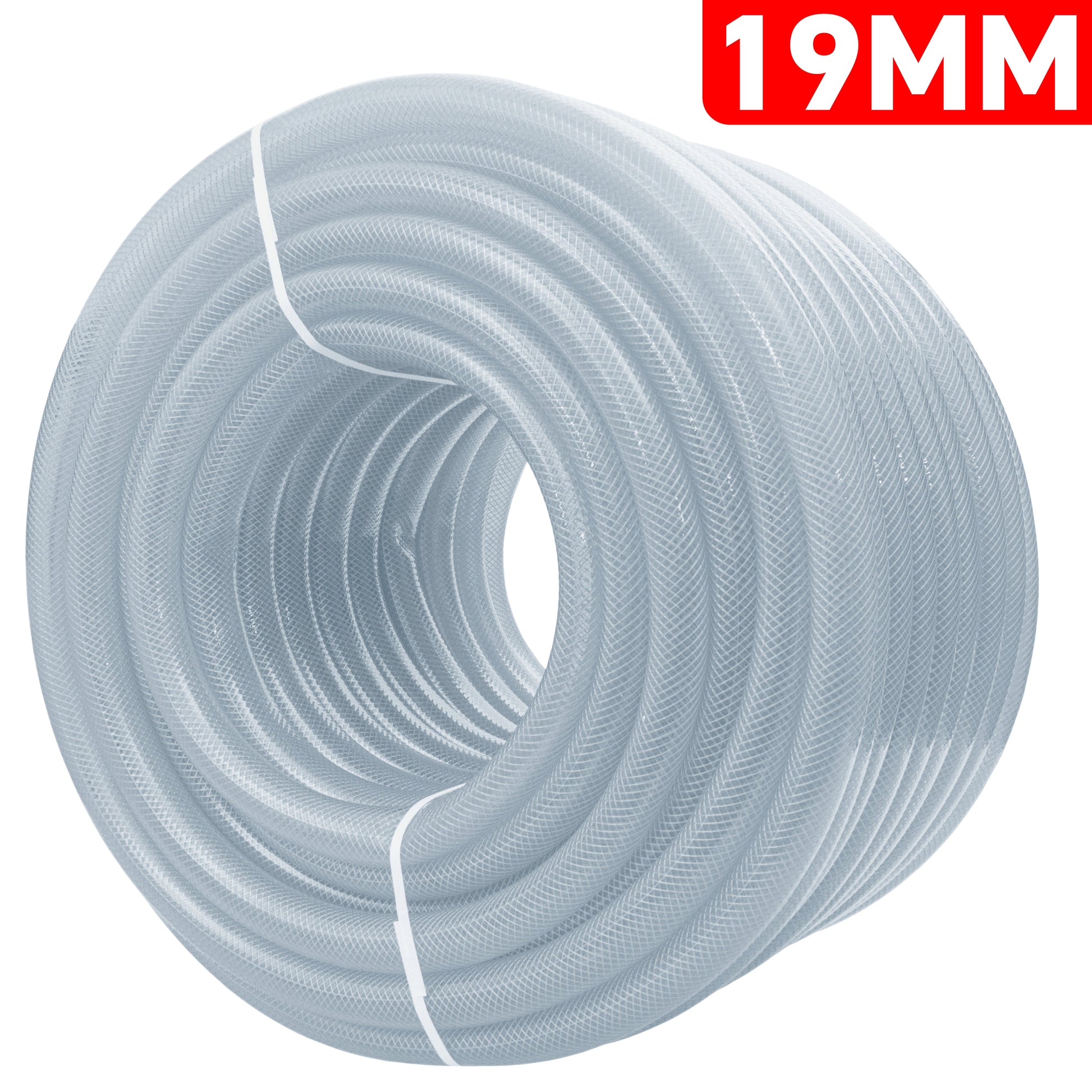 Clear braided PVC pipe coil, 19mm x 3mm, coiled tube with visible weave
