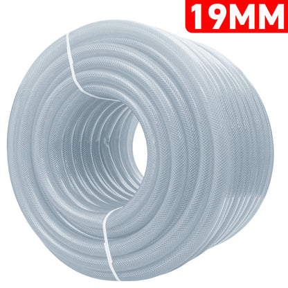 Clear braided PVC pipe coil, 19mm x 3mm, coiled tube with visible weave