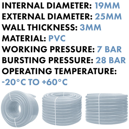Clear PVC braided pipe dimensions: 19mm internal, 25mm external, 3mm wall