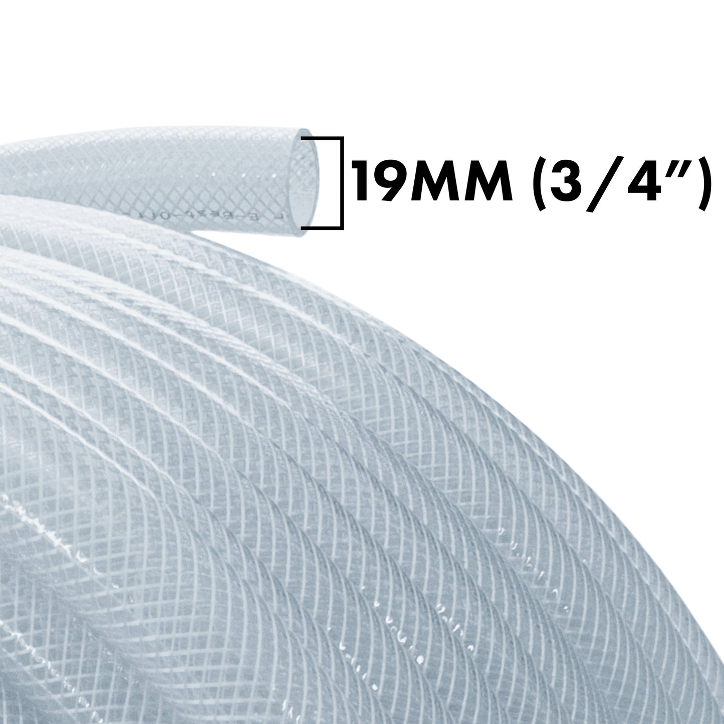 Close-up of clear braided PVC pipe wall, 19mm (3/4") diameter, textured grid