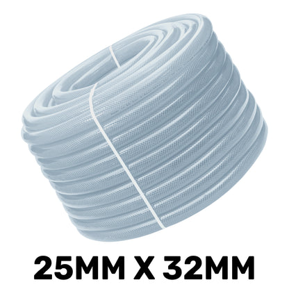Clear braided PVC pipe coil, 25mm x 32mm diameter, 3.5mm wall thickness