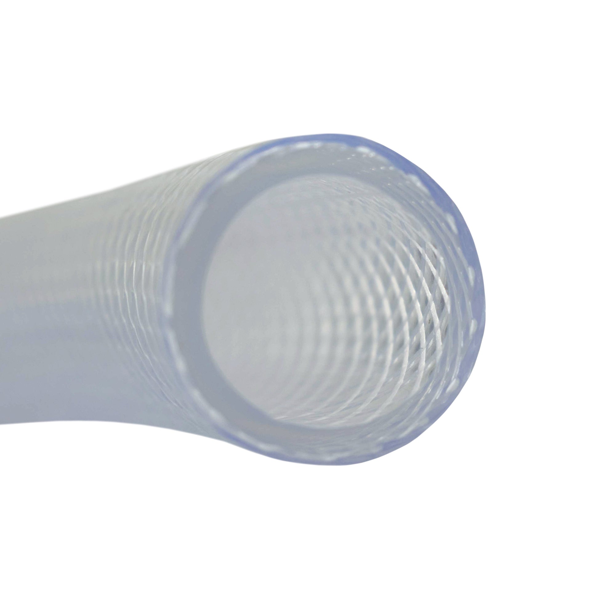 Clear braided PVC pipe 25mm x 3.5mm, close-up of ribbed end opening
