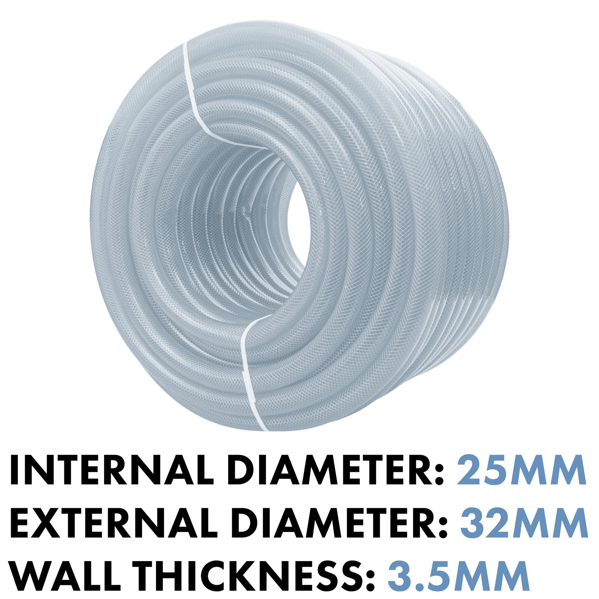 Clear braided PVC pipe coil close-up, 25mm inner diameter, 3.5mm wall thickness