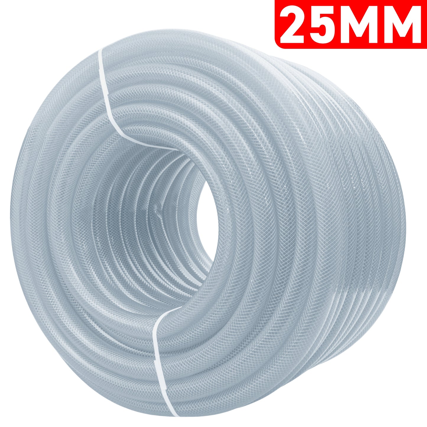 Clear braided PVC pipe coil: 25mm ID, 32mm OD, 3.5mm wall thickness