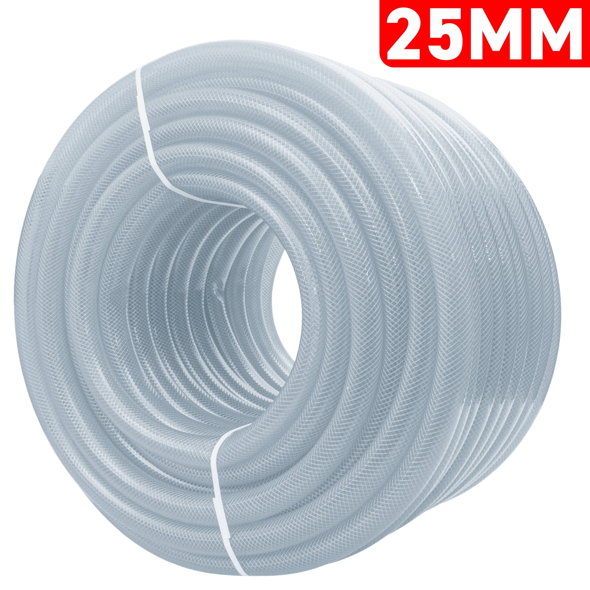 Clear braided PVC pipe coil: 25mm ID, 32mm OD, 3.5mm wall thickness