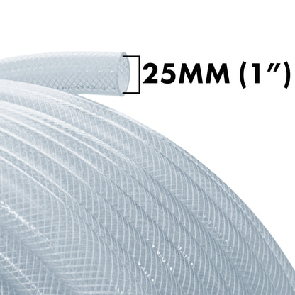 Clear braided PVC pipe close-up marked 25mm (1 inch), braided mesh surface