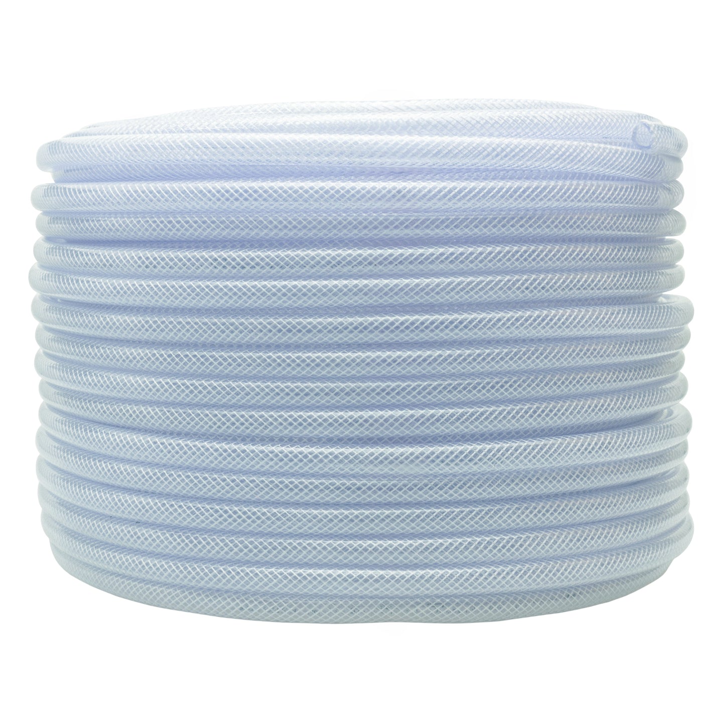 Clear braided PVC pipe coil stack, light blue, evenly braided tubing