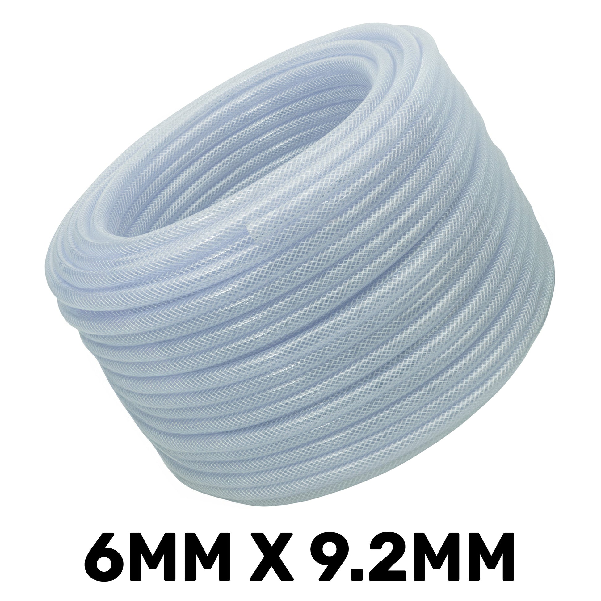 Clear braided PVC hose coil, light blue, tightly wound curved loops