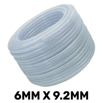Clear braided PVC hose coil, light blue, tightly wound curved loops