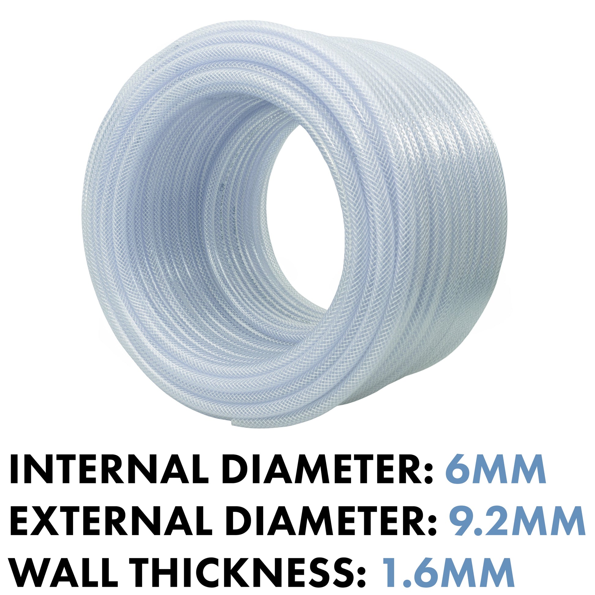 Clear braided PVC pipe roll, inner 6mm, outer 9.2mm, wall 1.6mm