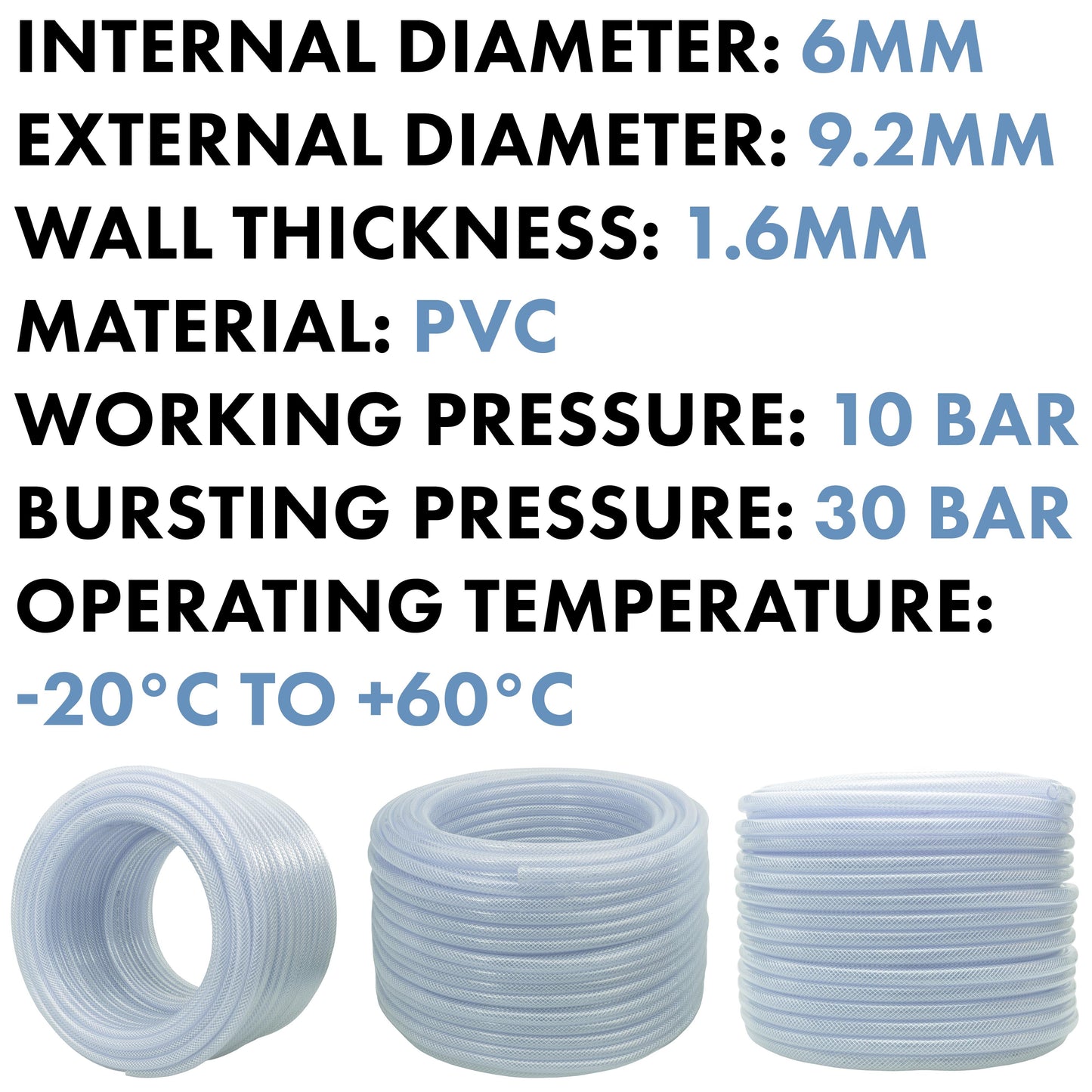 PVC braided pipe specs: inner 6mm, outer 9.2mm, wall 1.6mm, clear