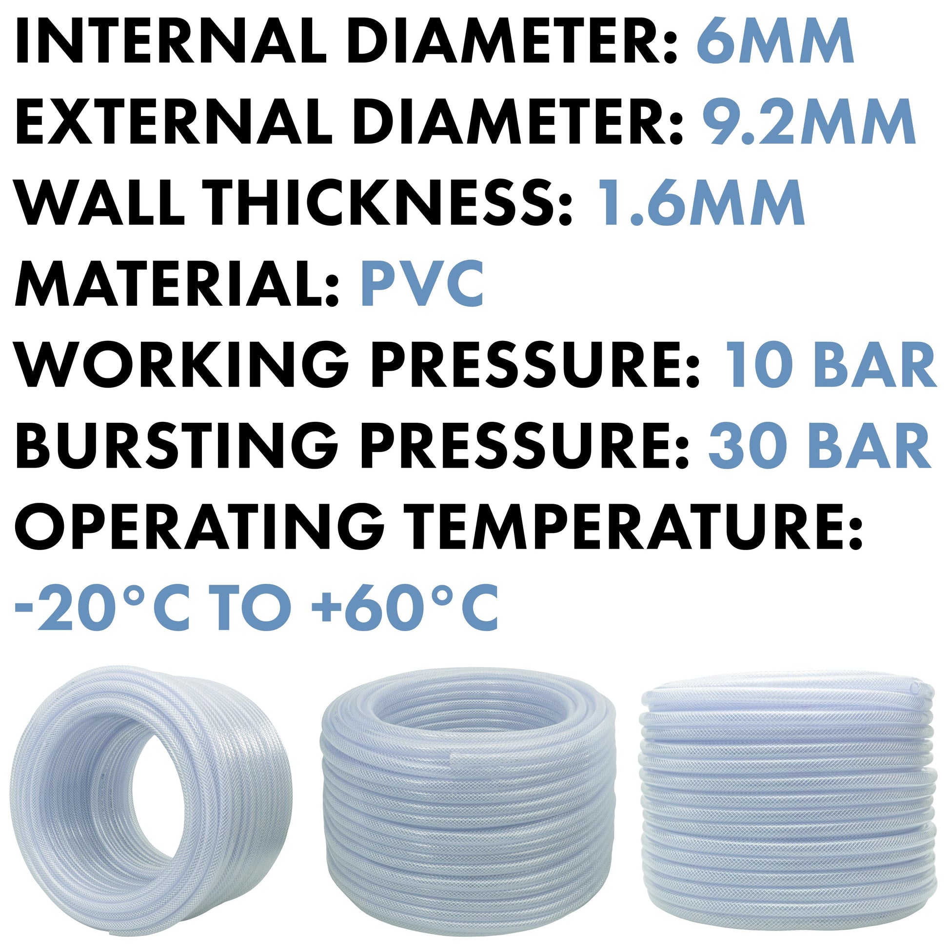 PVC braided pipe specs: inner 6mm, outer 9.2mm, wall 1.6mm, clear