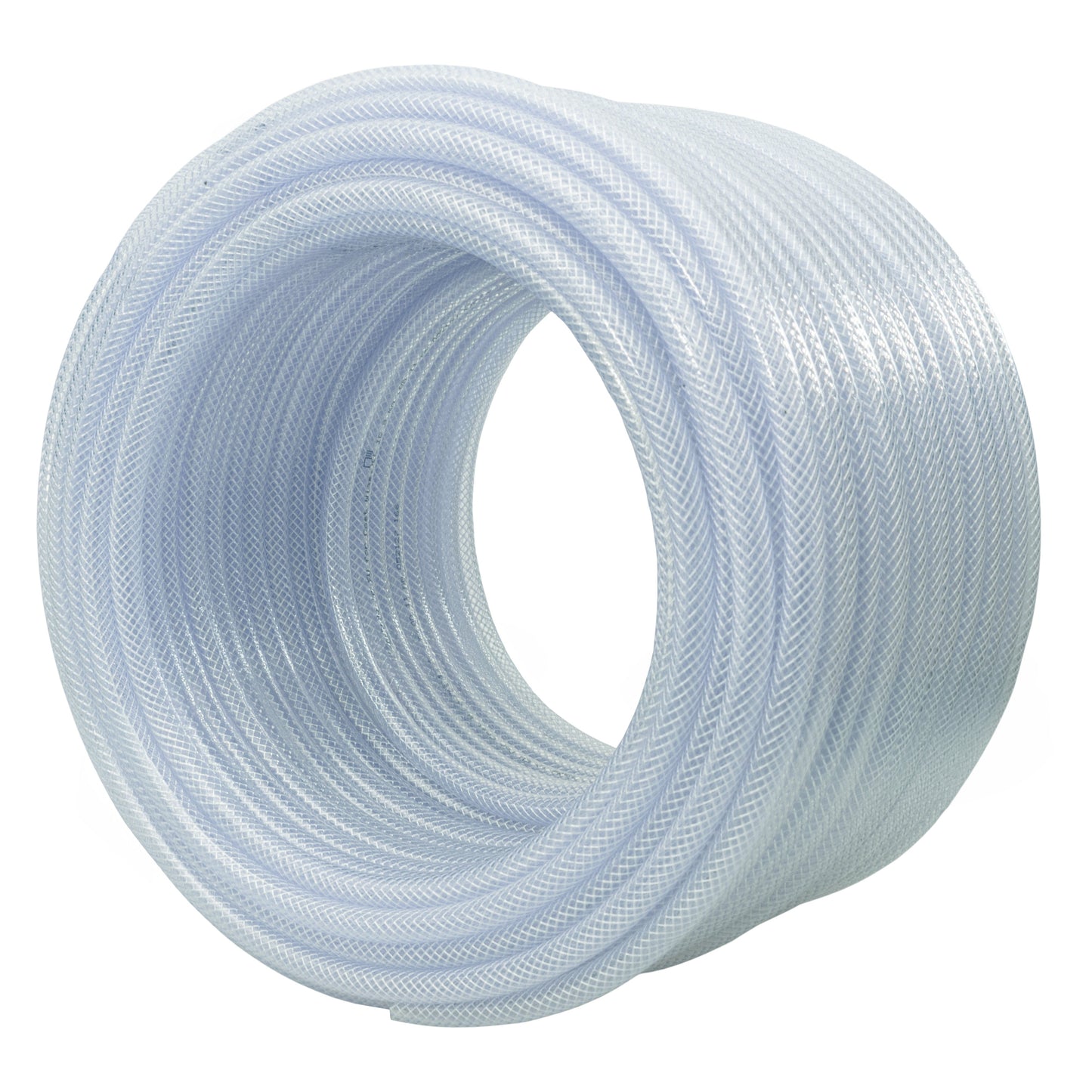 Clear braided PVC pipe roll, light blue, circular coil with visible inner hole