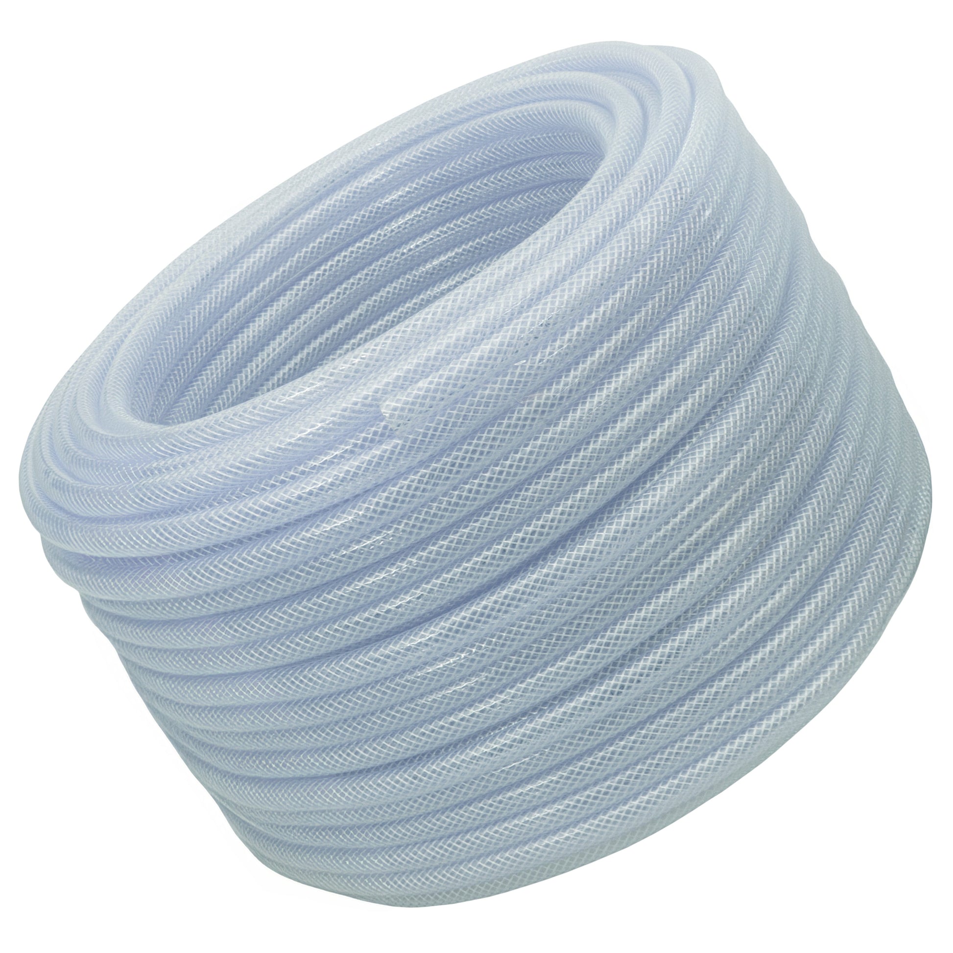 Clear braided PVC hose coil, light blue, tightly wound braided loops