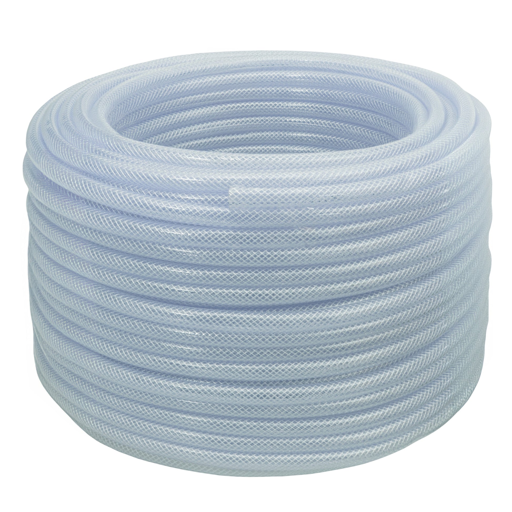 Clear braided PVC pipe 6mm x 1.6mm, coiled roll, translucent light blue