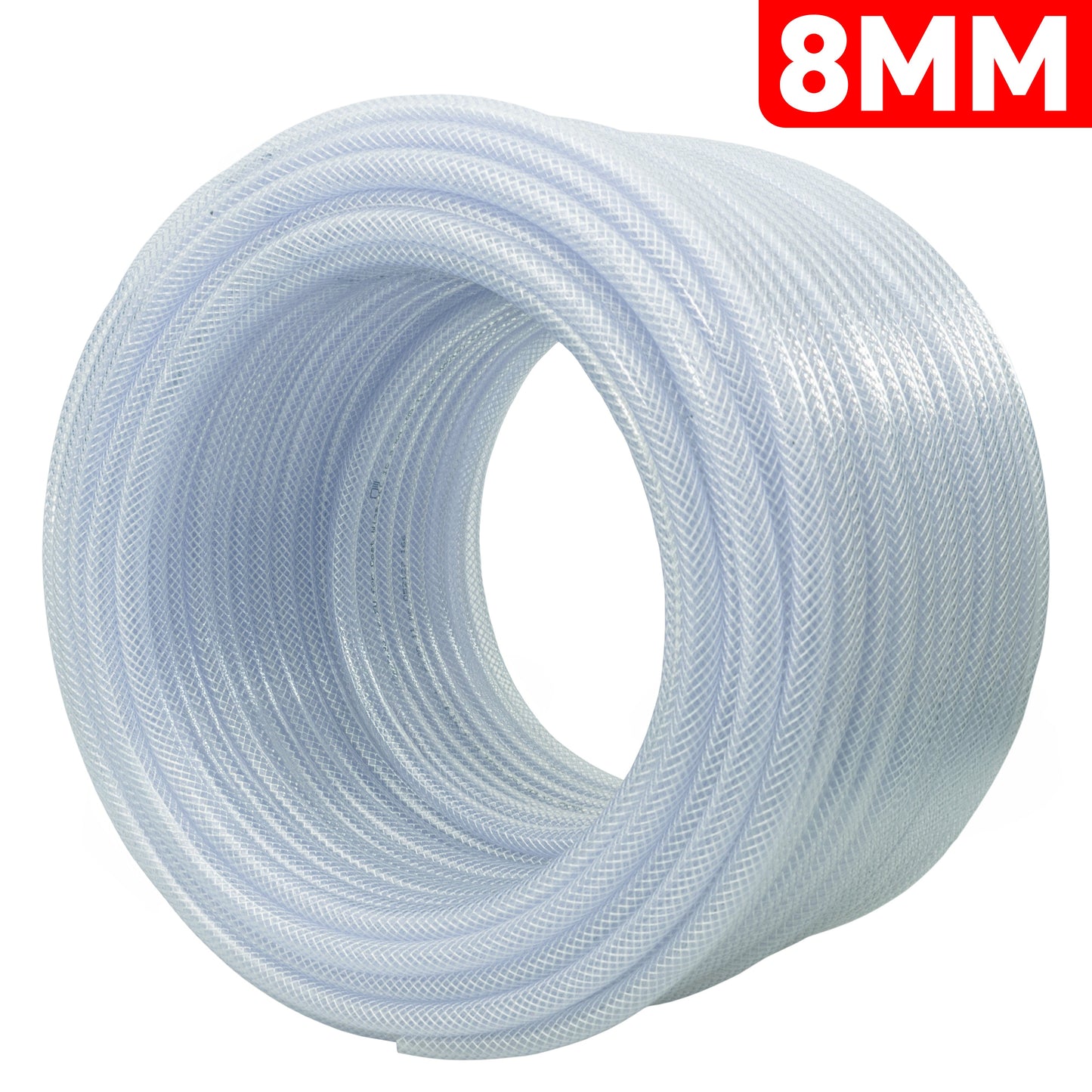 Coiled clear braided PVC pipe, 8mm ID, 1.6mm wall thickness