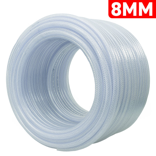 Coiled clear braided PVC pipe, 8mm ID, 1.6mm wall thickness