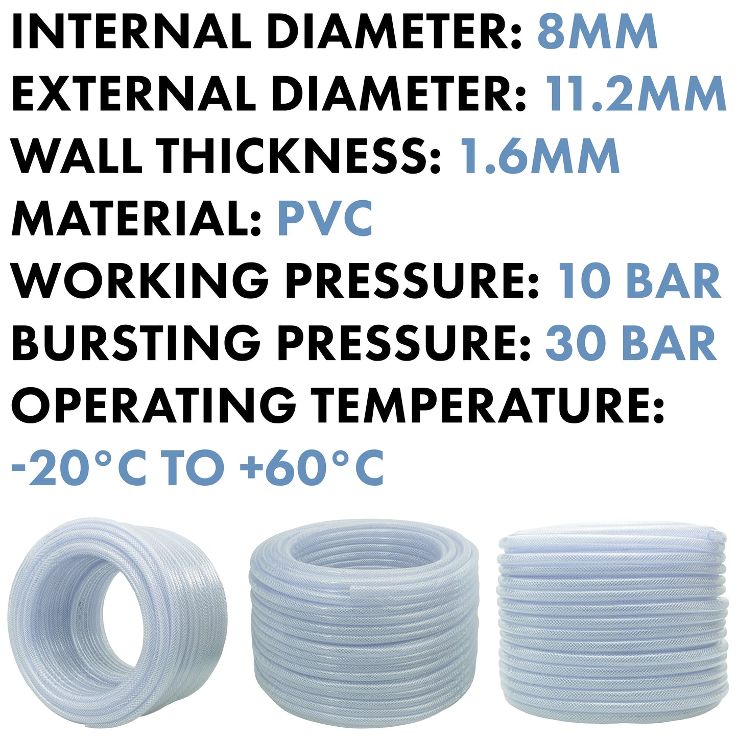 PVC braided pipe bundle; 8mm ID, 11.2mm OD, 1.6mm wall