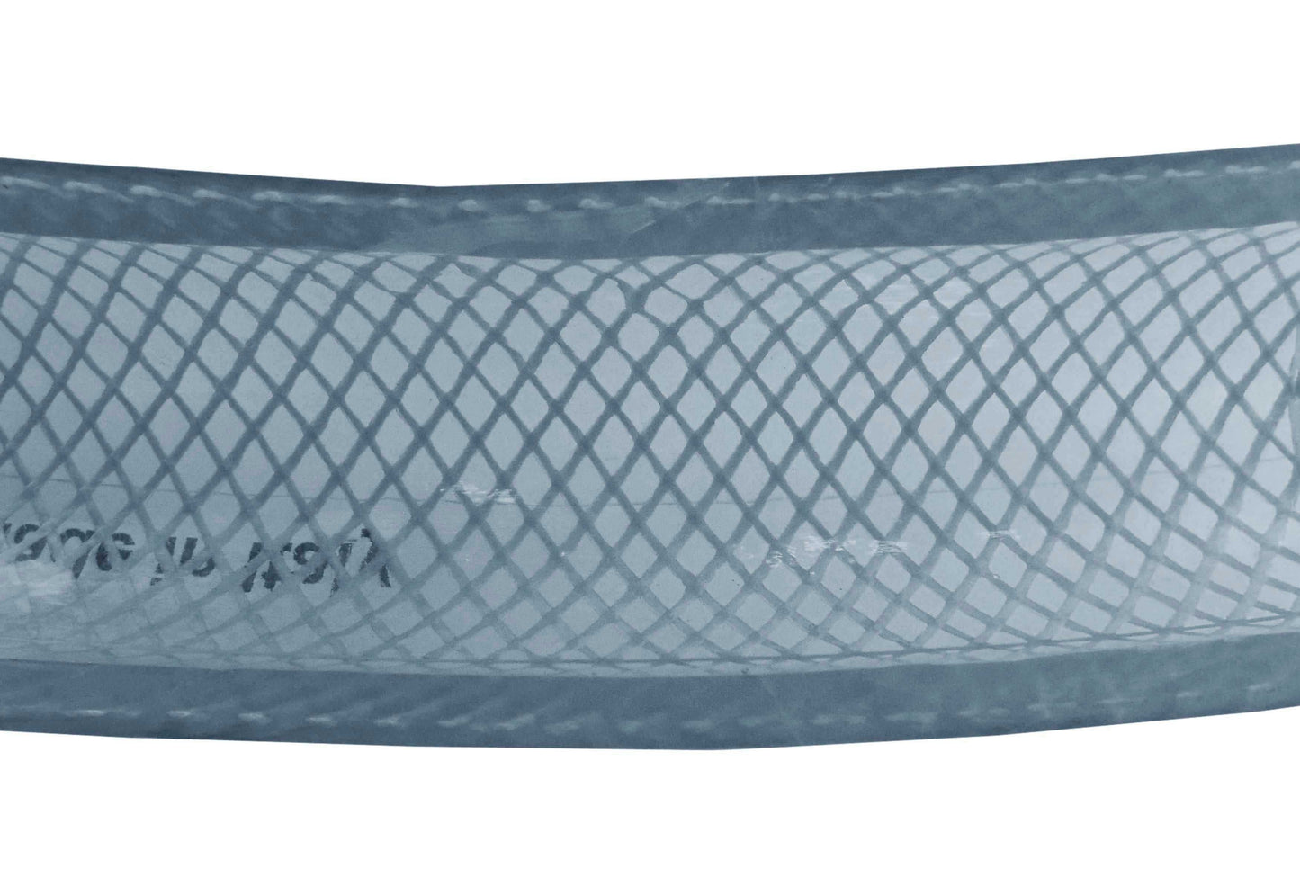 Clear braided PVC pipe side view, woven texture with transparent body