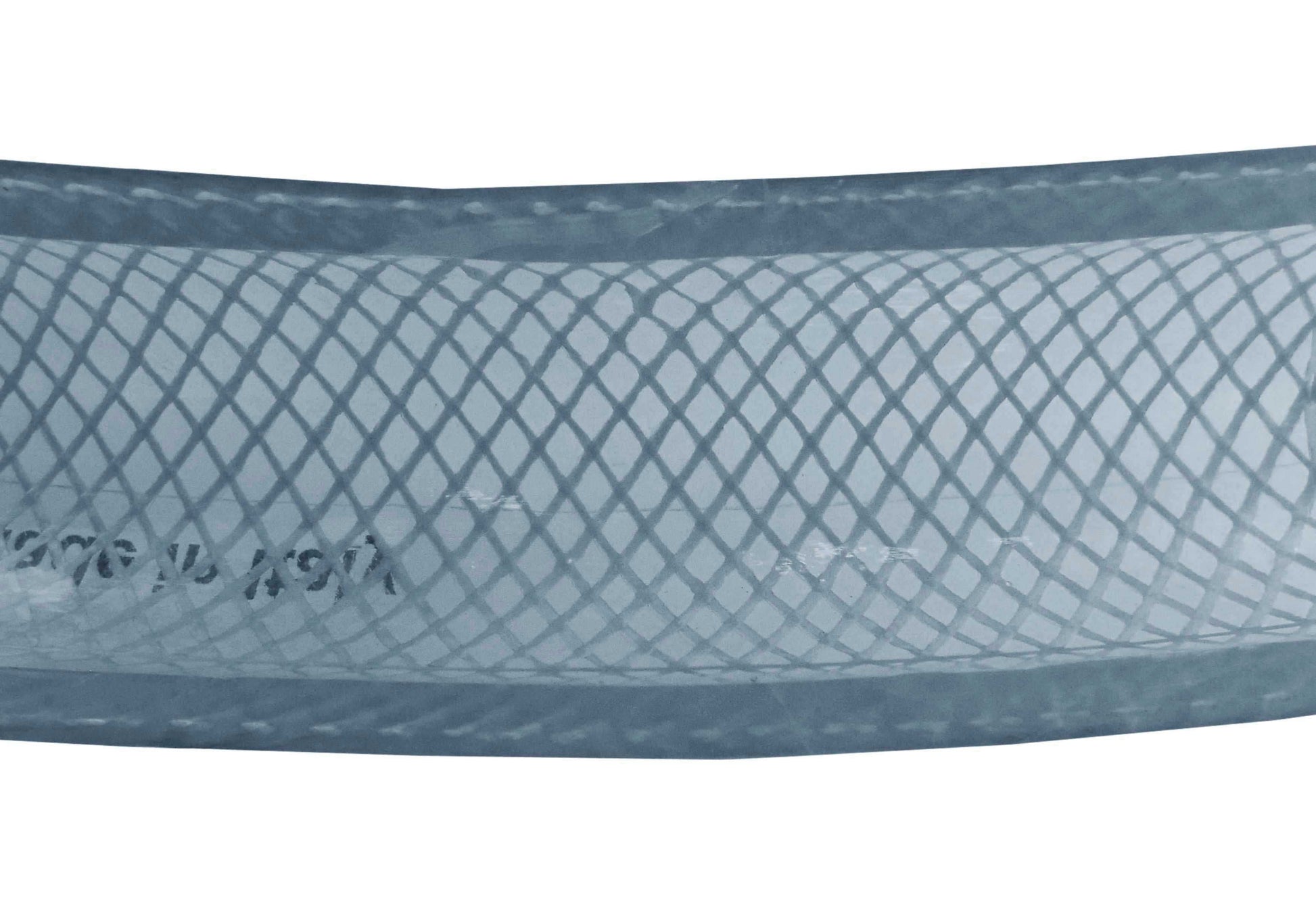 Clear braided PVC pipe side view, woven texture with transparent body