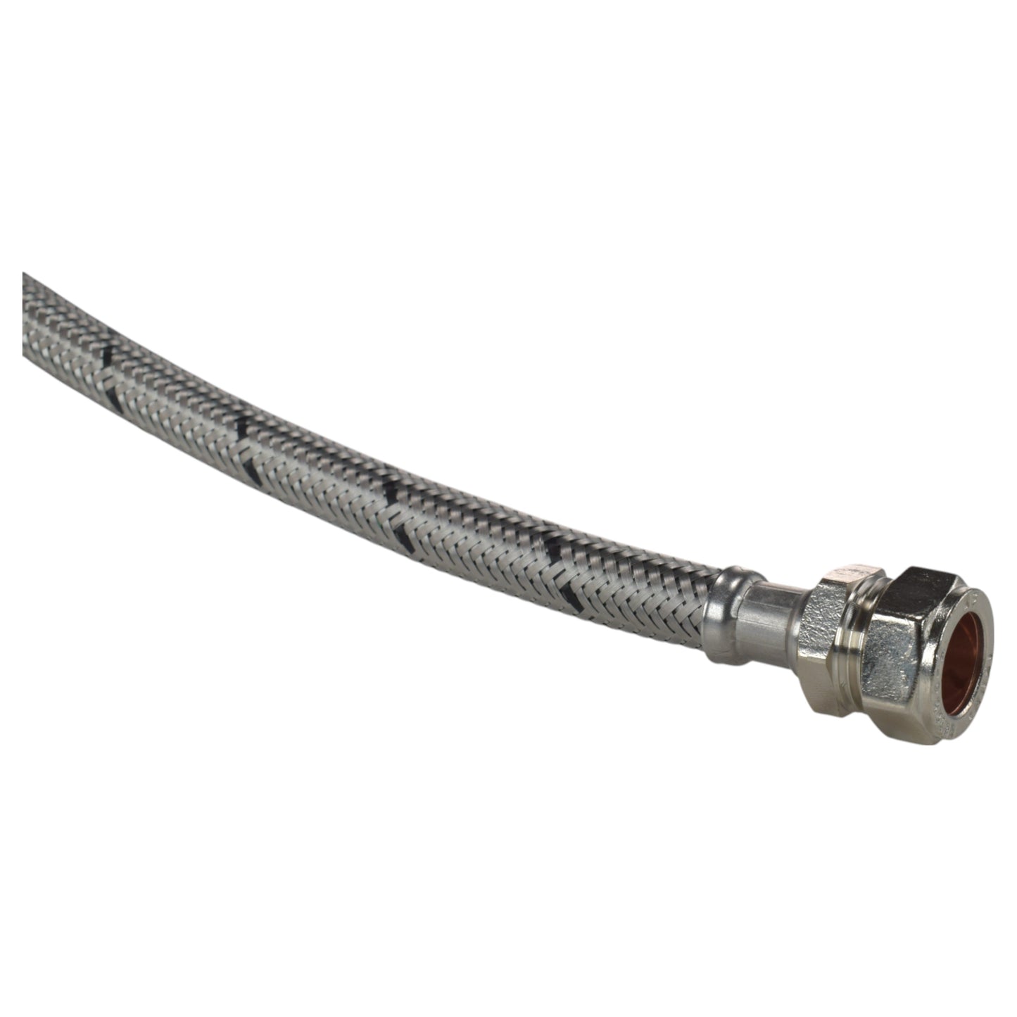 Compression end fitting with copper-coloured seal insert on braided flexi hose