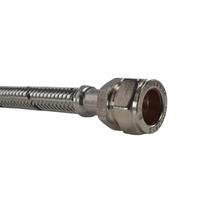 Braided hose end with brass-colored inner port and threaded coupling nut