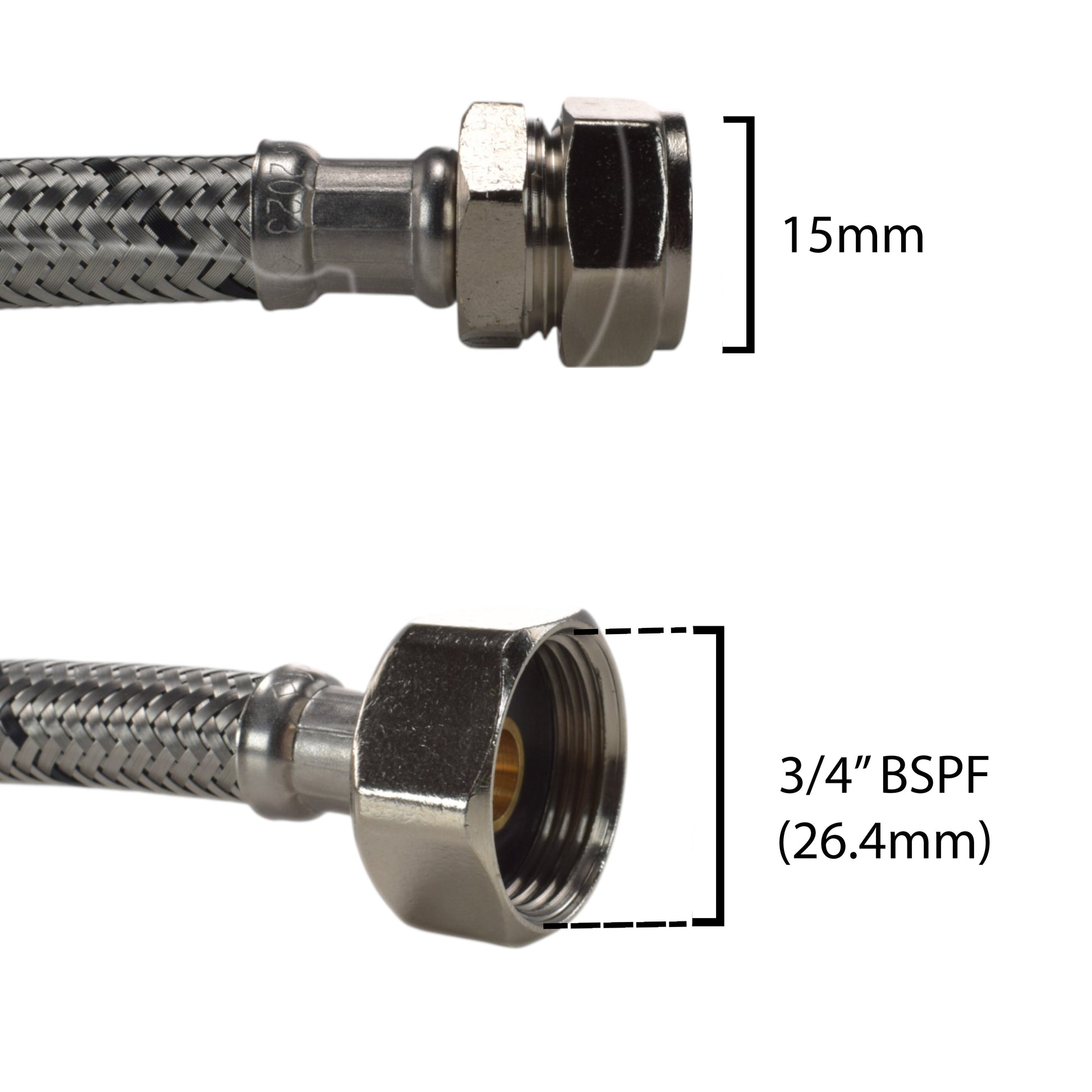 Connector end measurement shown: 15mm on flexible hose fitting