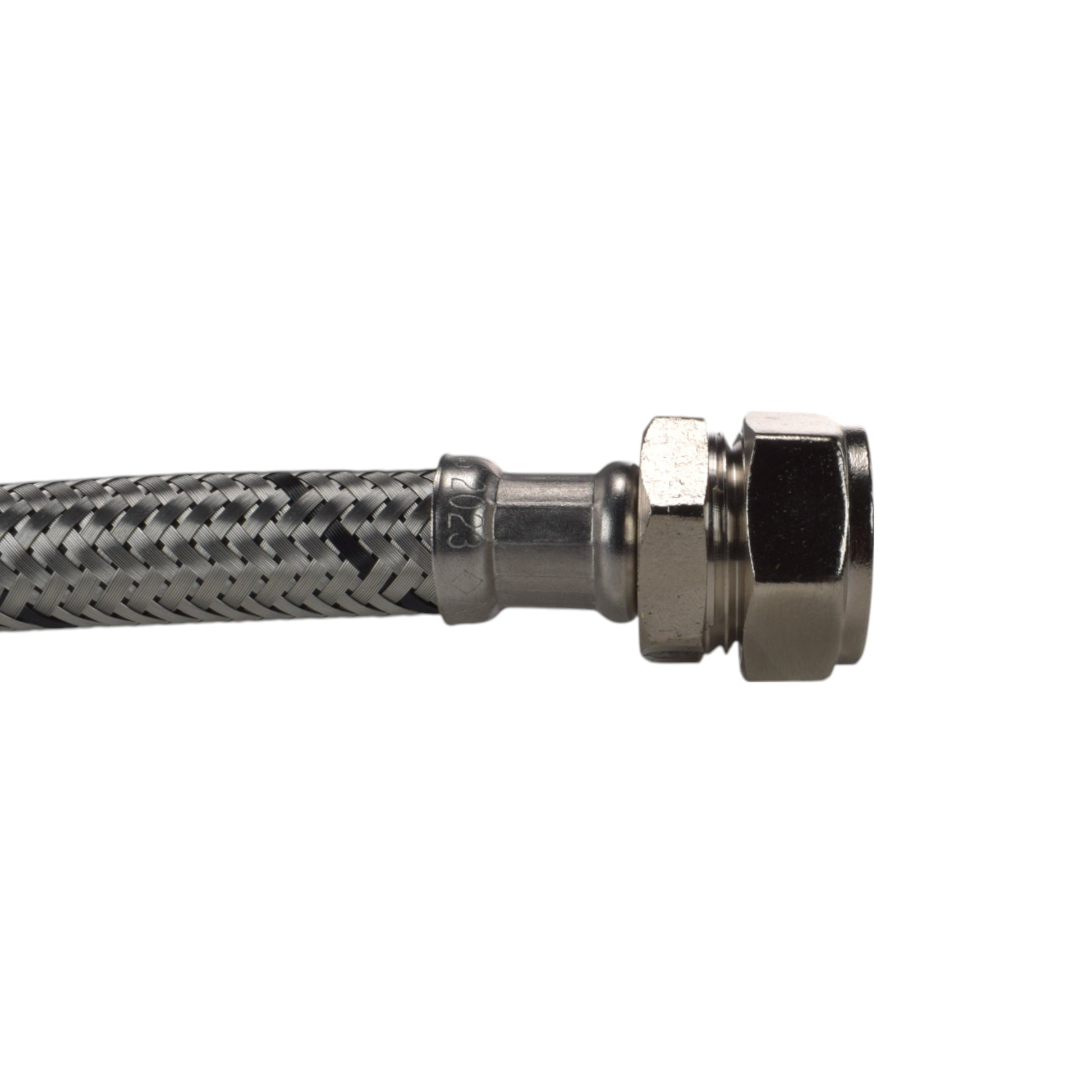 Braided 15mm flexi hose end with compression fitting and ¾” BSPF-style coupling nut