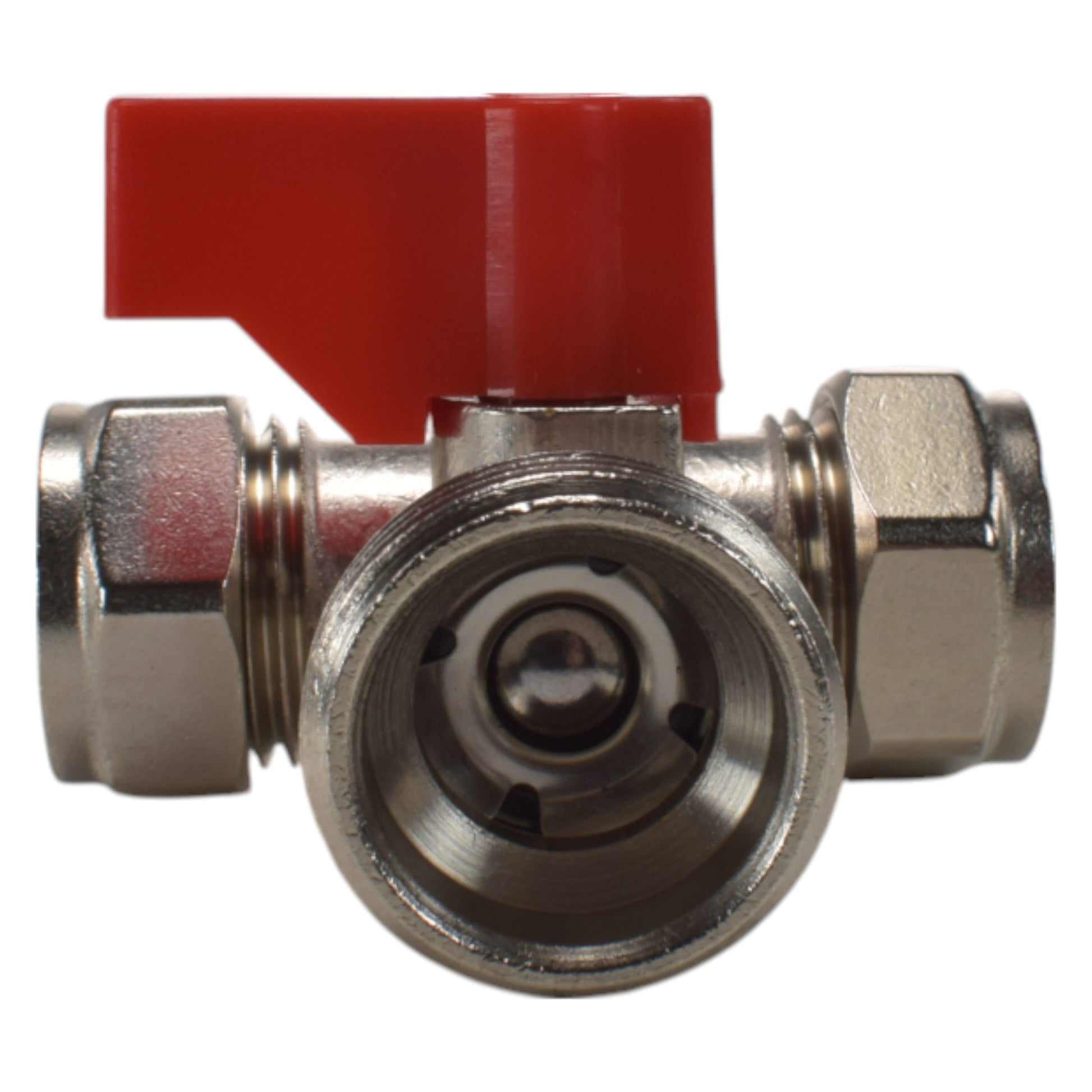 Brass compression tee valve, 15mm; view of circular seat under red lever